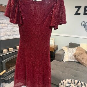 Astr Burgundy Sequin Midi Dress with Flutter Sleeves